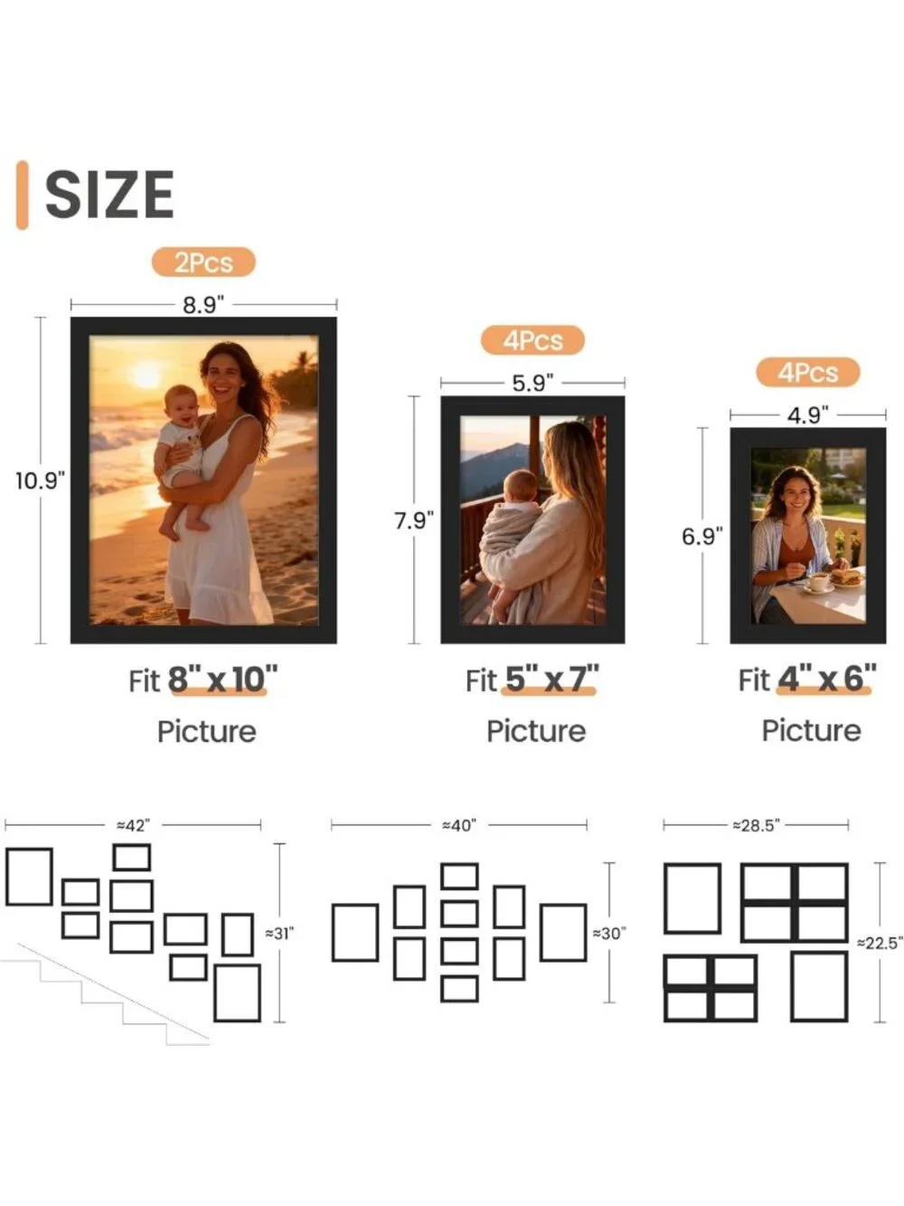 Set of 10 Black Picture Frames - 8x10, 5x7, 4x6 Sizes for Home Decor